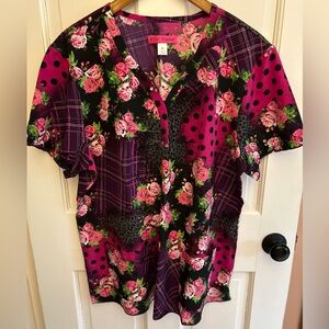 Betsey Johnson Pink and Purple Floral Scrub Top
